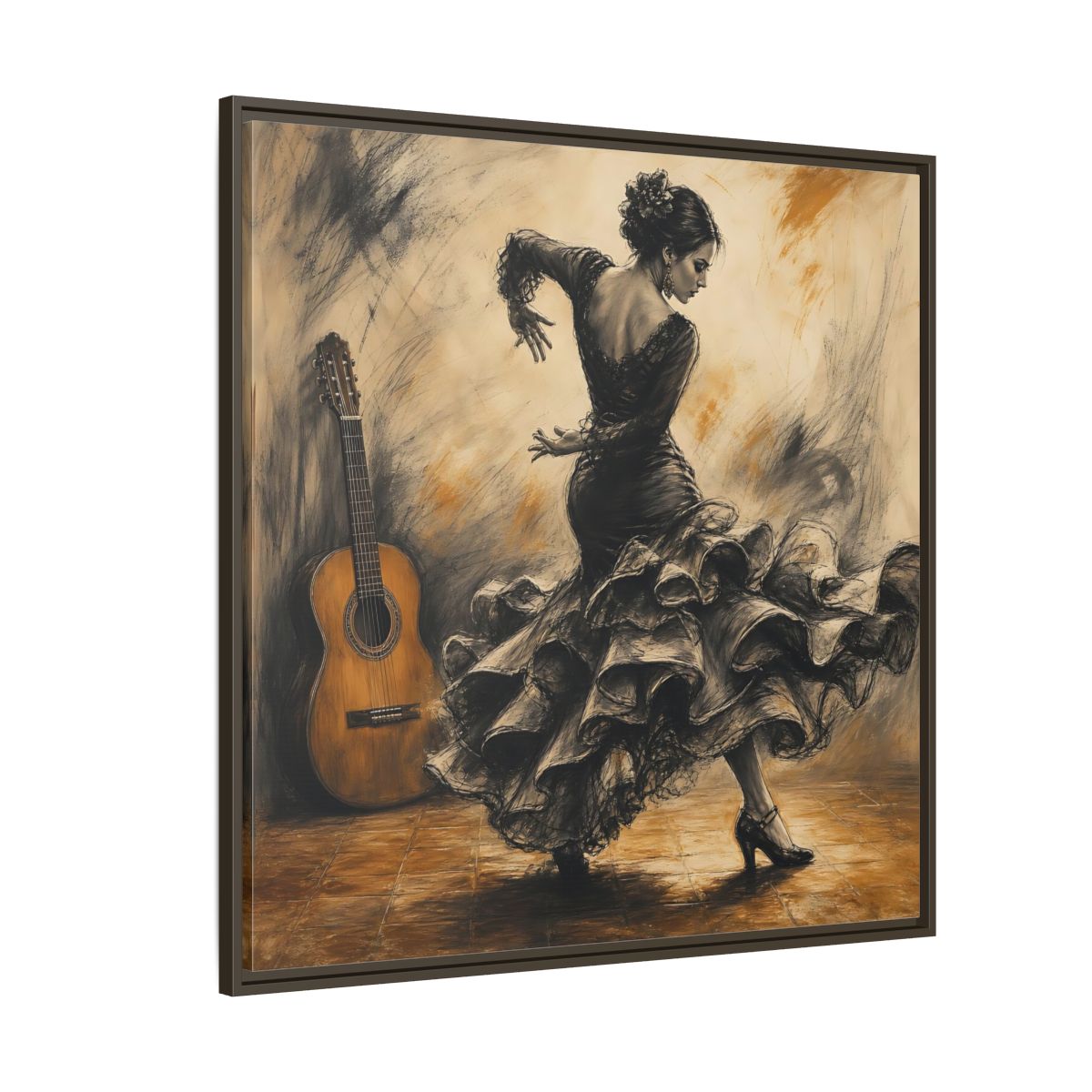 Side Mockup 5. Vintage Flamenco Dancer Brown And Black shown as framed canvas print