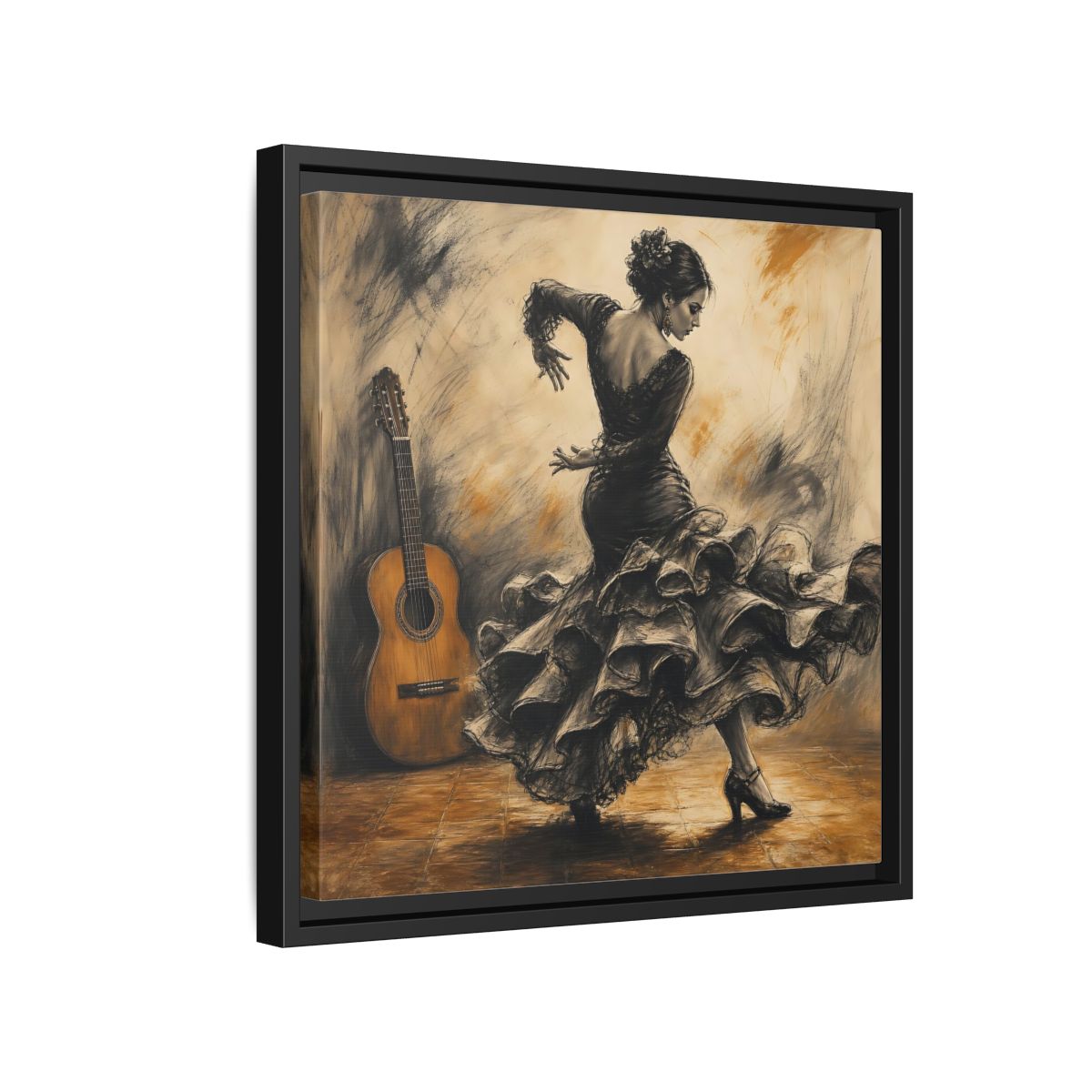Side Mockup 15. Vintage Flamenco Dancer Brown And Black shown as framed canvas print