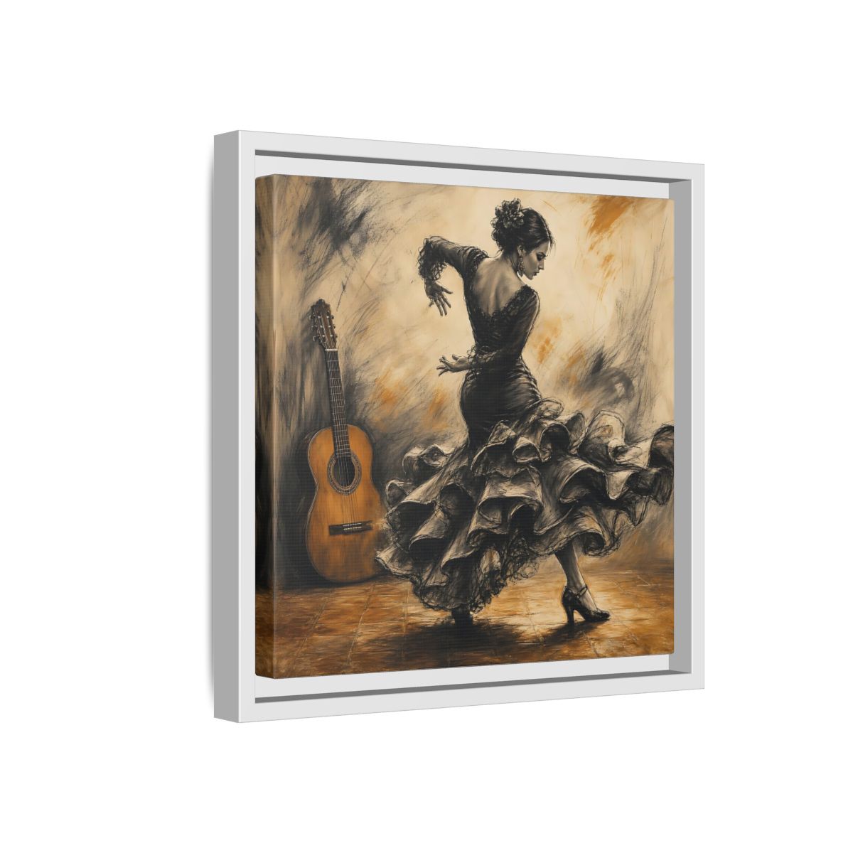 Side Mockup 16. Vintage Flamenco Dancer Brown And Black shown as framed canvas print