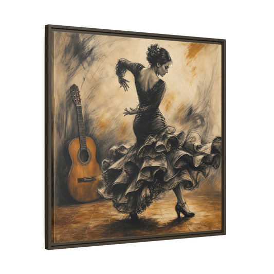 Main Mockup. Vintage Flamenco Dancer Brown And Black shown as framed canvas print