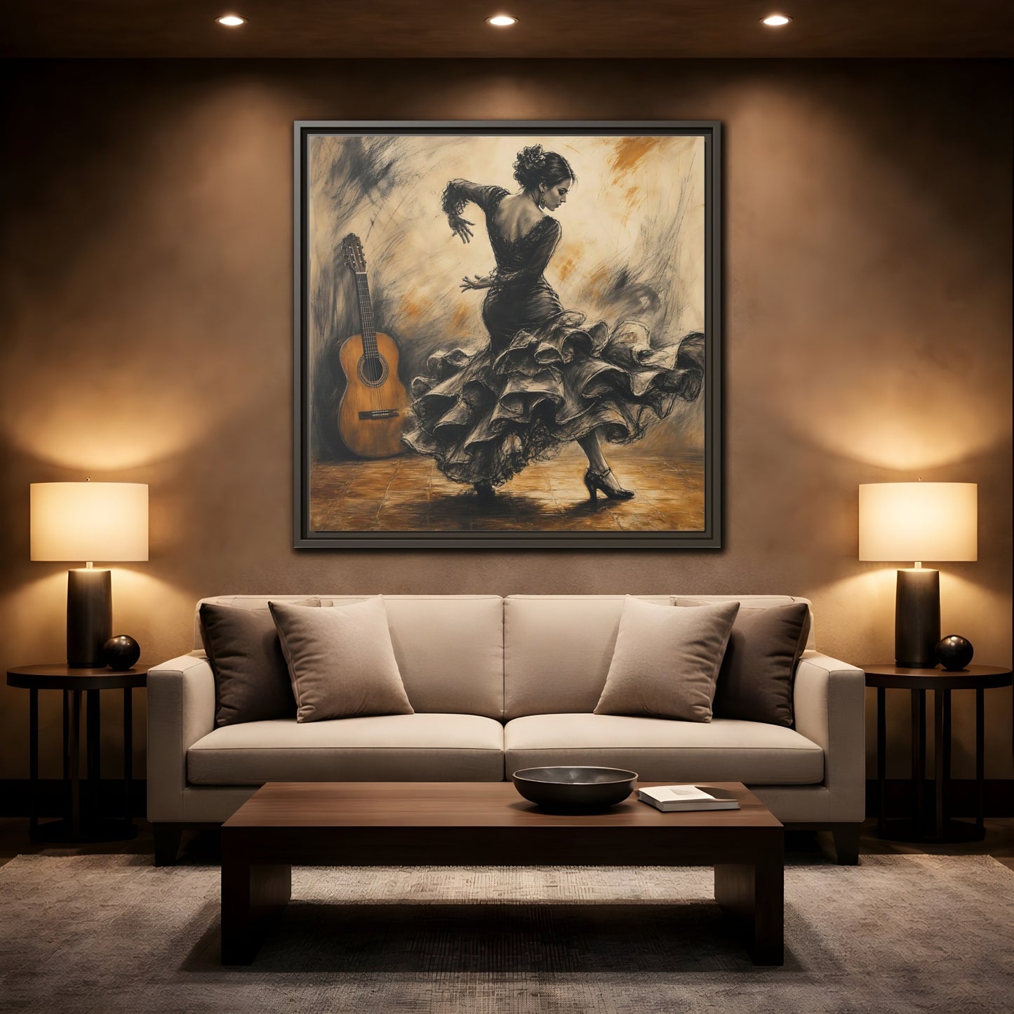 Mockup 2. Vintage Flamenco Dancer Brown And Black shown as framed canvas print