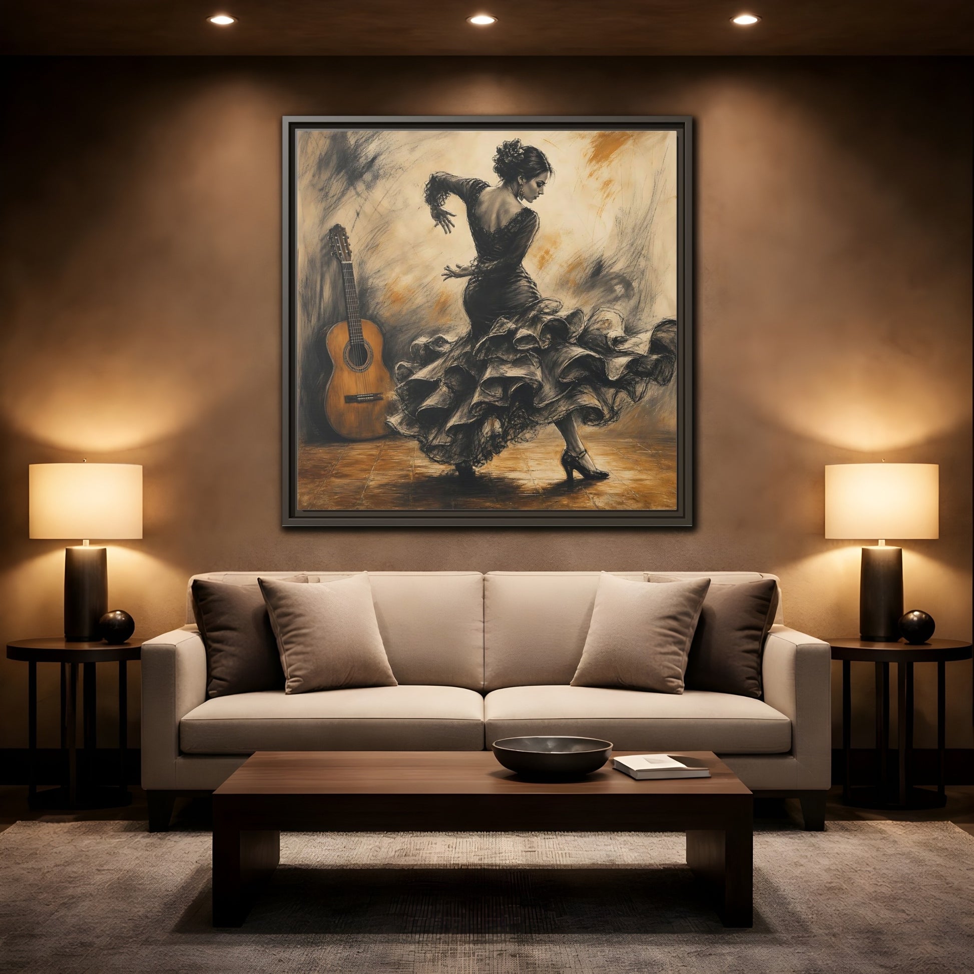 Mockup 2. Vintage Flamenco Dancer Brown And Black shown as framed canvas print