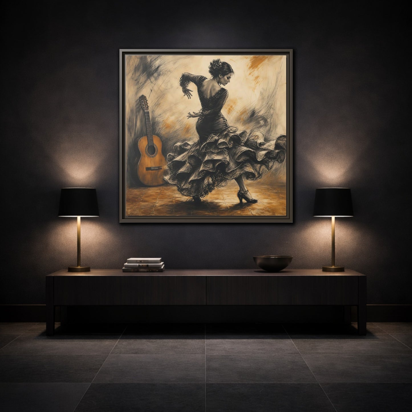 Mockup 3. Vintage Flamenco Dancer Brown And Black shown as framed canvas print