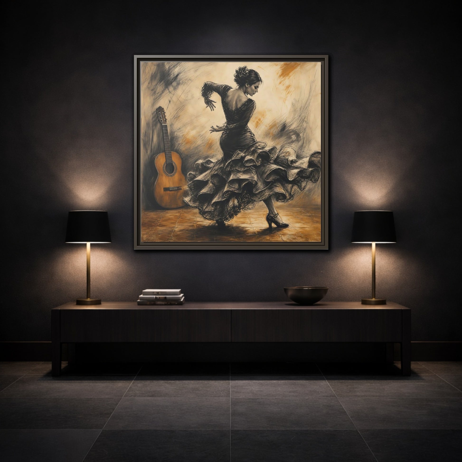 Mockup 3. Vintage Flamenco Dancer Brown And Black shown as framed canvas print