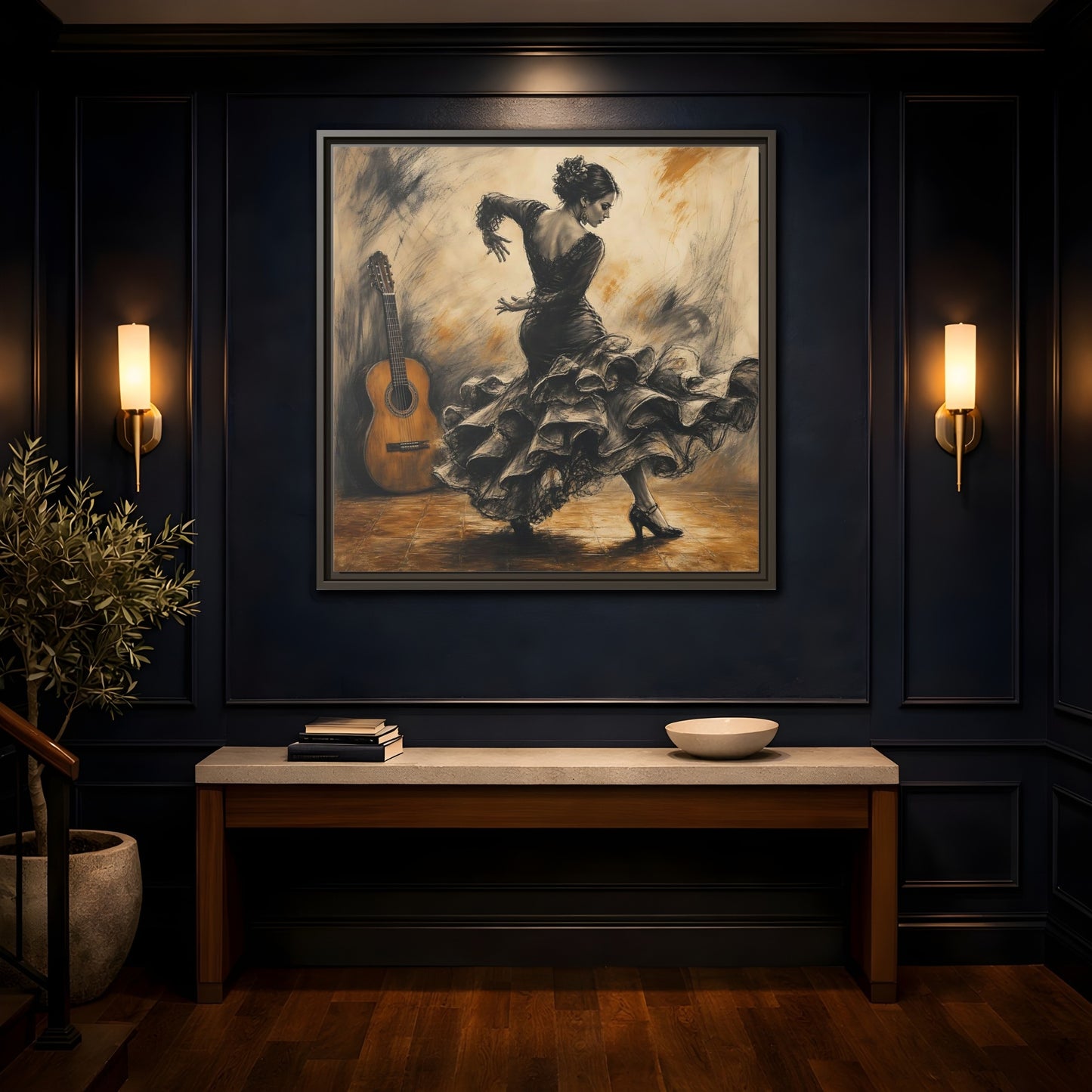 Mockup 4. Vintage Flamenco Dancer Brown And Black shown as framed canvas print