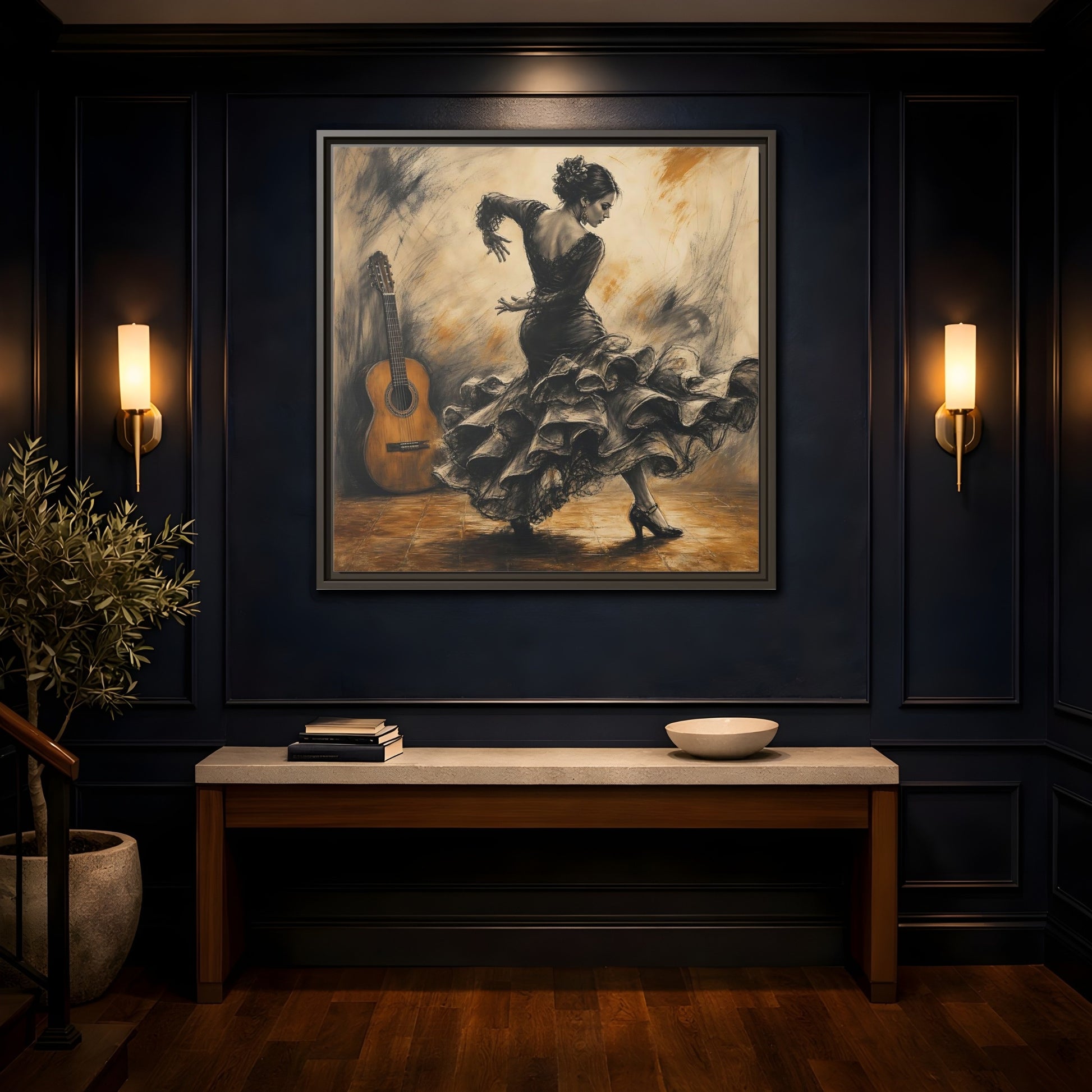 Mockup 4. Vintage Flamenco Dancer Brown And Black shown as framed canvas print