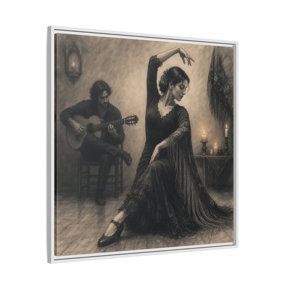 Side Mockup 25. Vintage Flamenco Dancer Flamenco Charcoal shown as framed canvas print