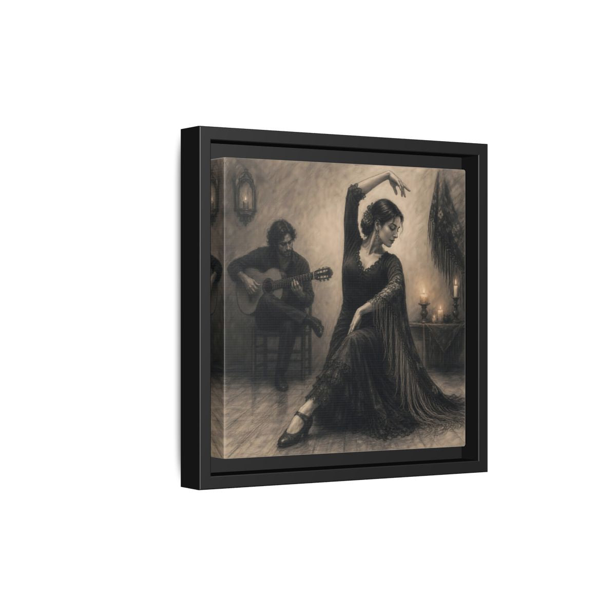 Side Mockup 21. Vintage Flamenco Dancer Flamenco Charcoal shown as framed canvas print