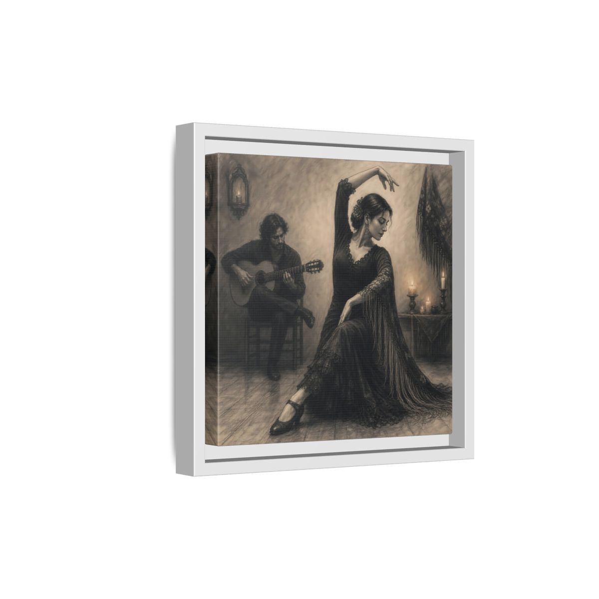 Side Mockup 19. Vintage Flamenco Dancer Flamenco Charcoal shown as framed canvas print