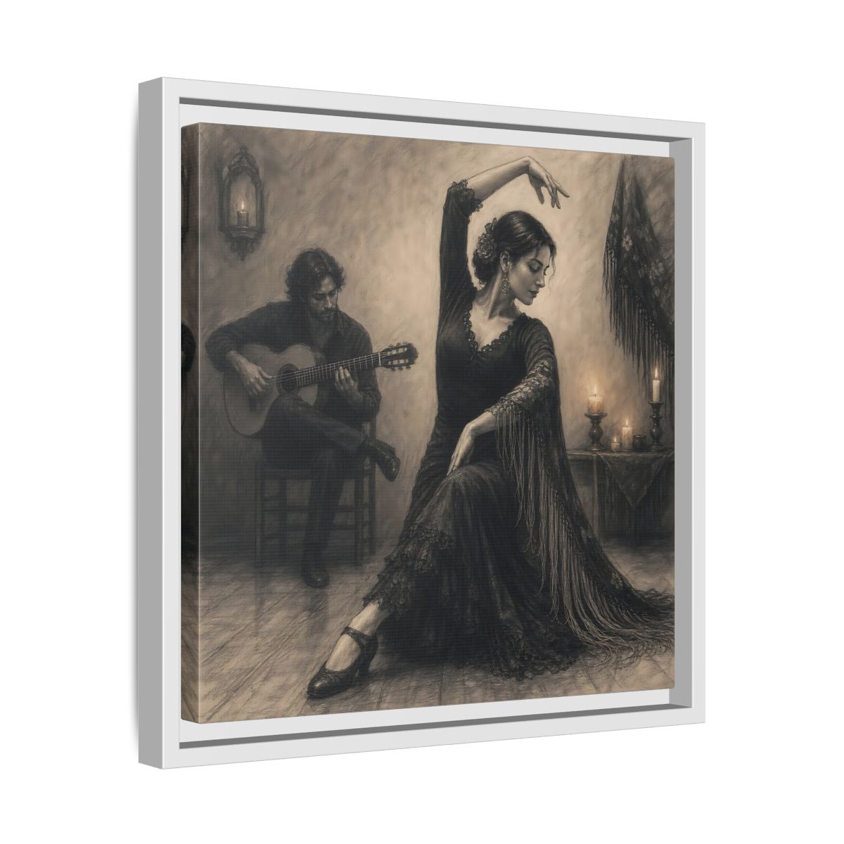 Side Mockup 28. Vintage Flamenco Dancer Flamenco Charcoal shown as framed canvas print