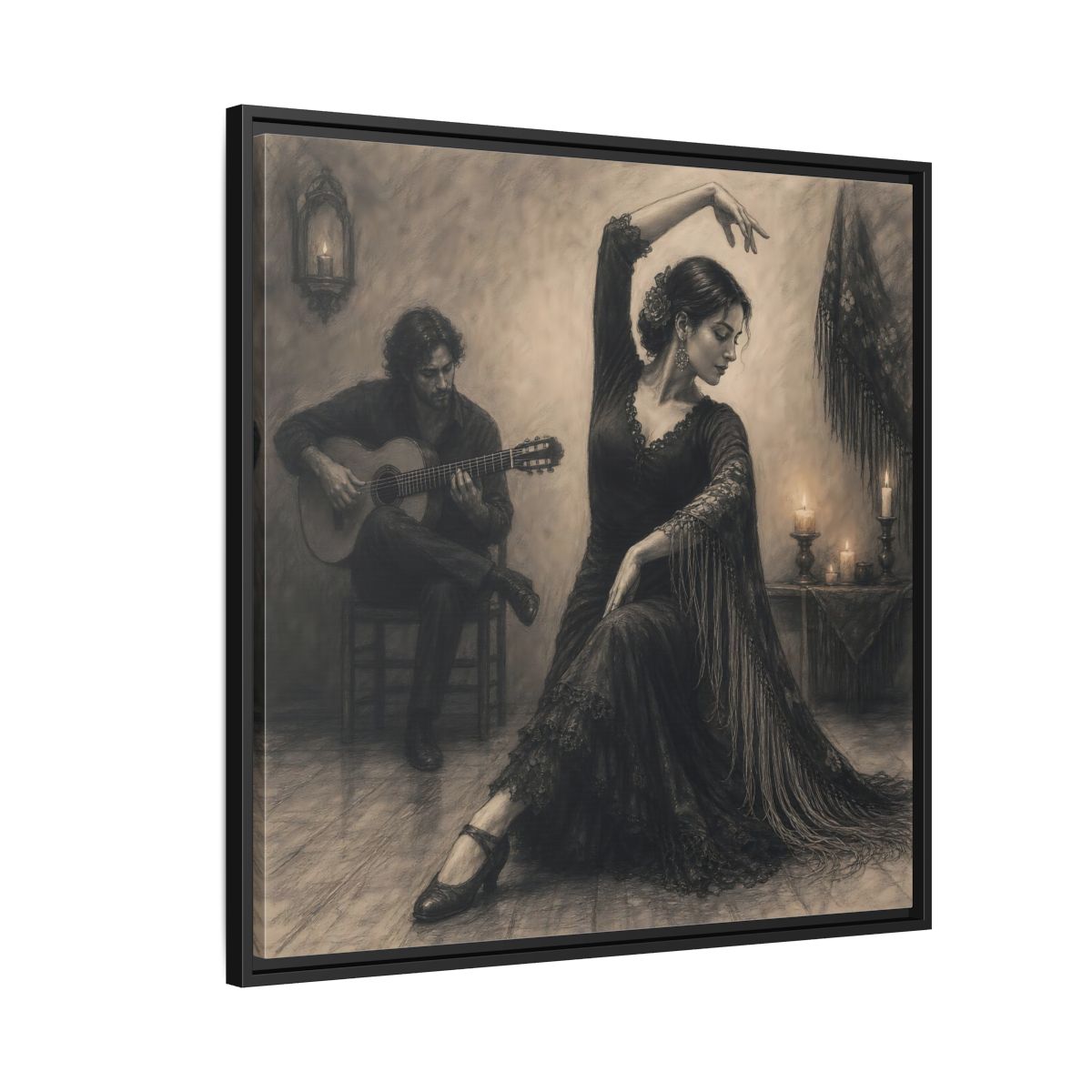 Side Mockup 9. Vintage Flamenco Dancer Flamenco Charcoal shown as framed canvas print