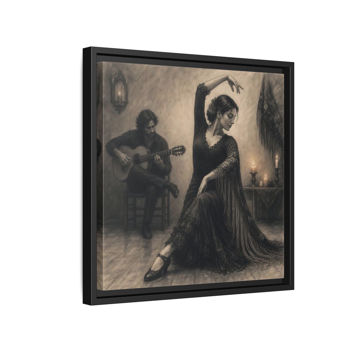 Side Mockup 15. Vintage Flamenco Dancer Flamenco Charcoal shown as framed canvas print