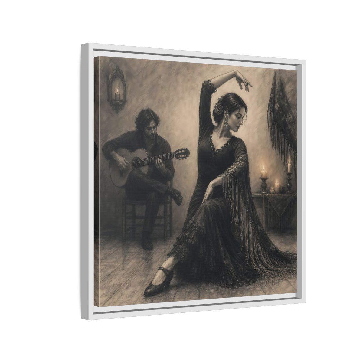 Side Mockup 10. Vintage Flamenco Dancer Flamenco Charcoal shown as framed canvas print