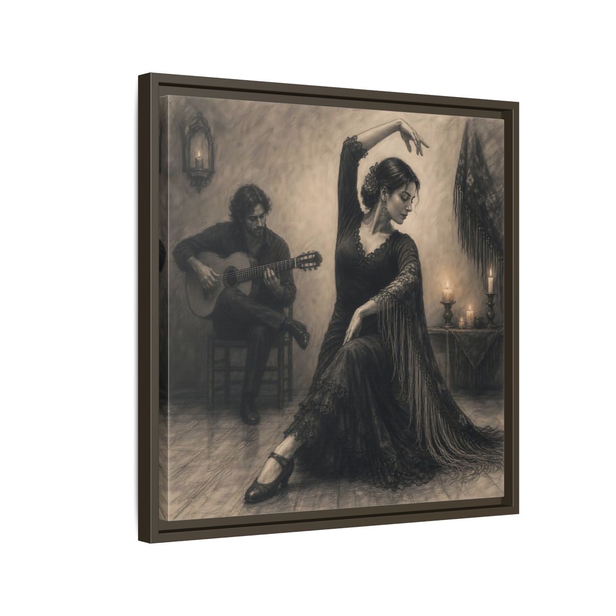 Side Mockup 11. Vintage Flamenco Dancer Flamenco Charcoal shown as framed canvas print