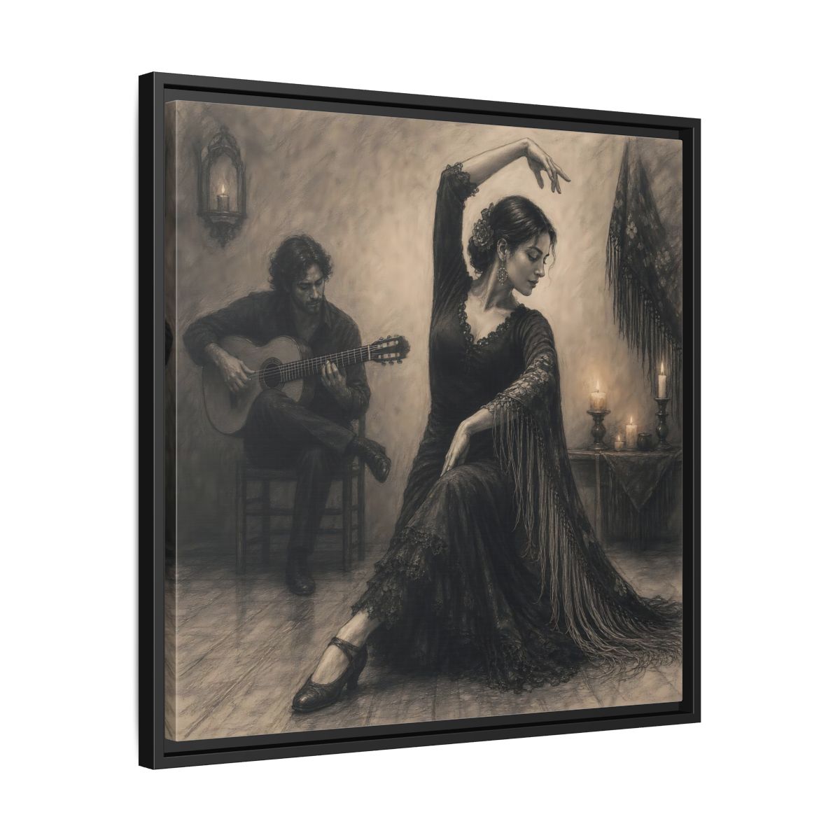 Side Mockup 31. Vintage Flamenco Dancer Flamenco Charcoal shown as framed canvas print