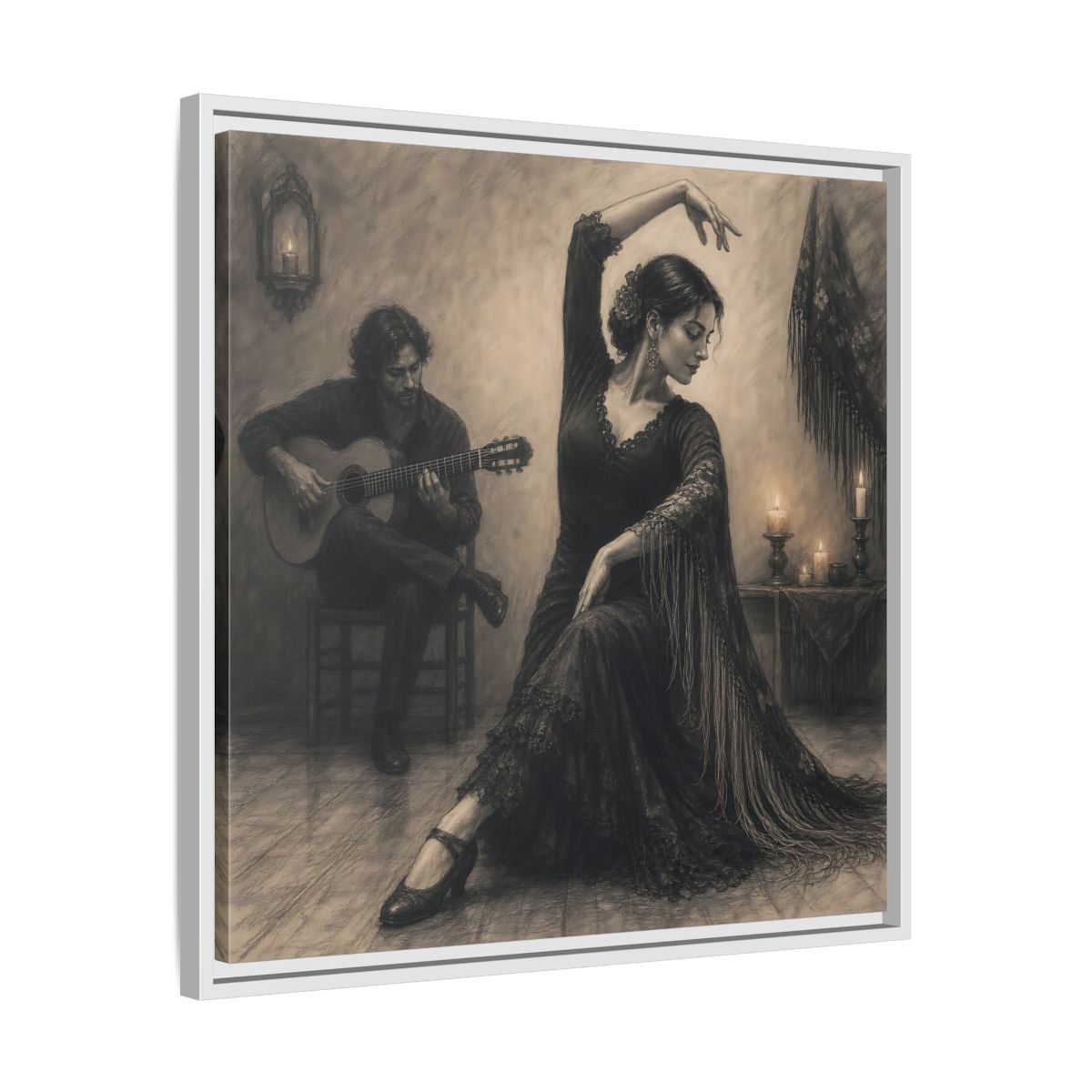 Side Mockup 26. Vintage Flamenco Dancer Flamenco Charcoal shown as framed canvas print
