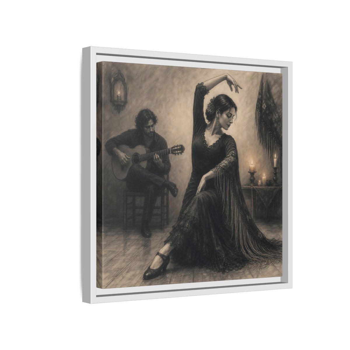 Side Mockup 13. Vintage Flamenco Dancer Flamenco Charcoal shown as framed canvas print