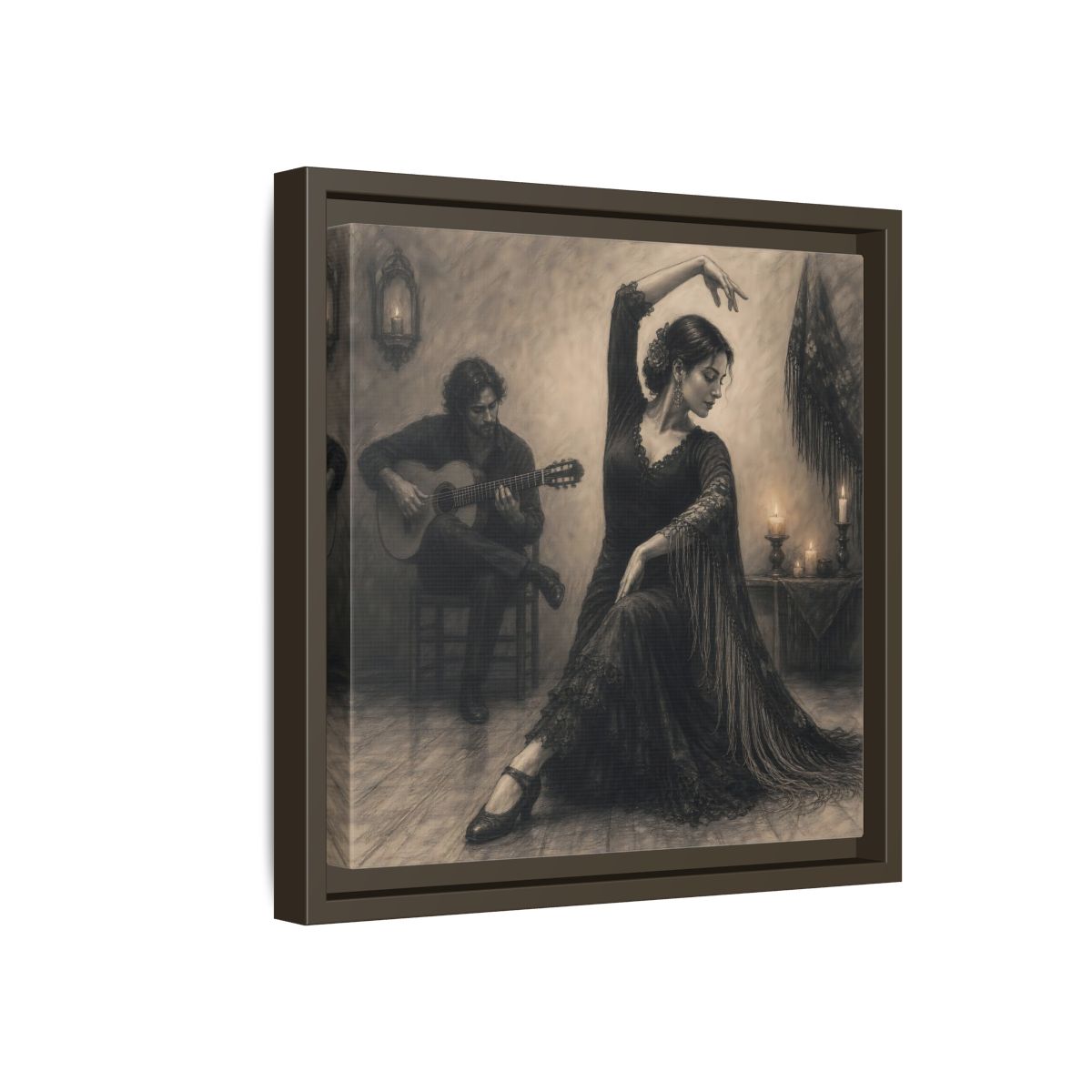 Side Mockup 17. Vintage Flamenco Dancer Flamenco Charcoal shown as framed canvas print