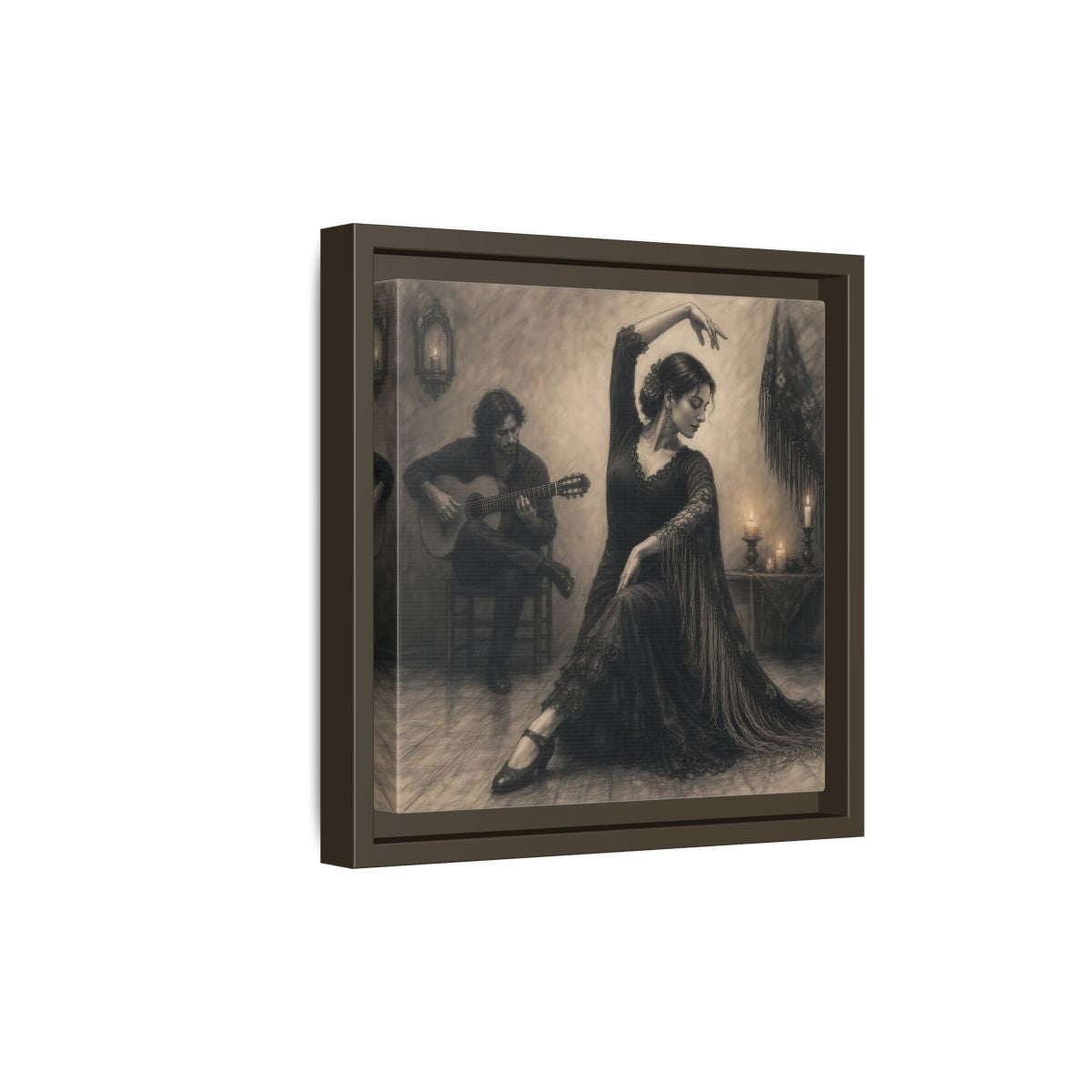Side Mockup 20. Vintage Flamenco Dancer Flamenco Charcoal shown as framed canvas print