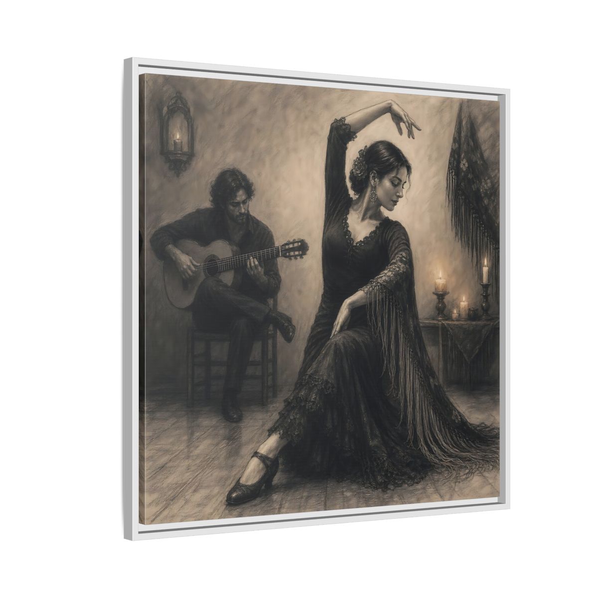 Side Mockup 7. Vintage Flamenco Dancer Flamenco Charcoal shown as framed canvas print