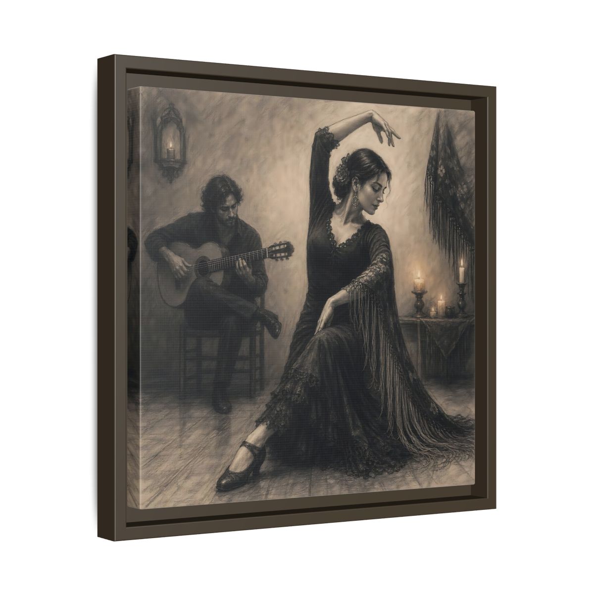 Side Mockup 29. Vintage Flamenco Dancer Flamenco Charcoal shown as framed canvas print