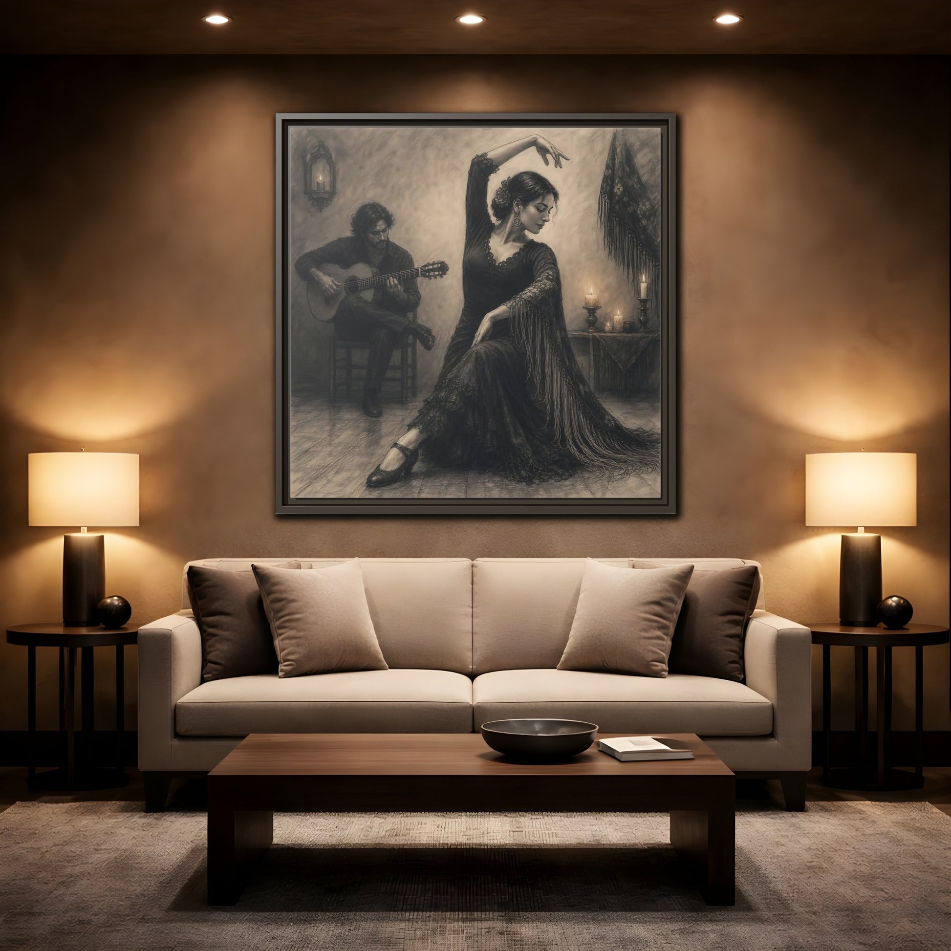 Mockup 2. Vintage Flamenco Dancer Flamenco Charcoal shown as framed canvas print
