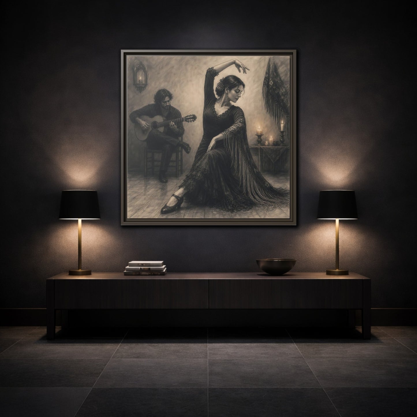 Mockup 3. Vintage Flamenco Dancer Flamenco Charcoal shown as framed canvas print