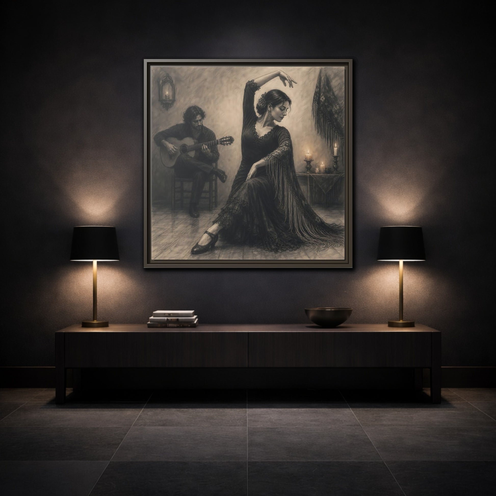 Mockup 3. Vintage Flamenco Dancer Flamenco Charcoal shown as framed canvas print