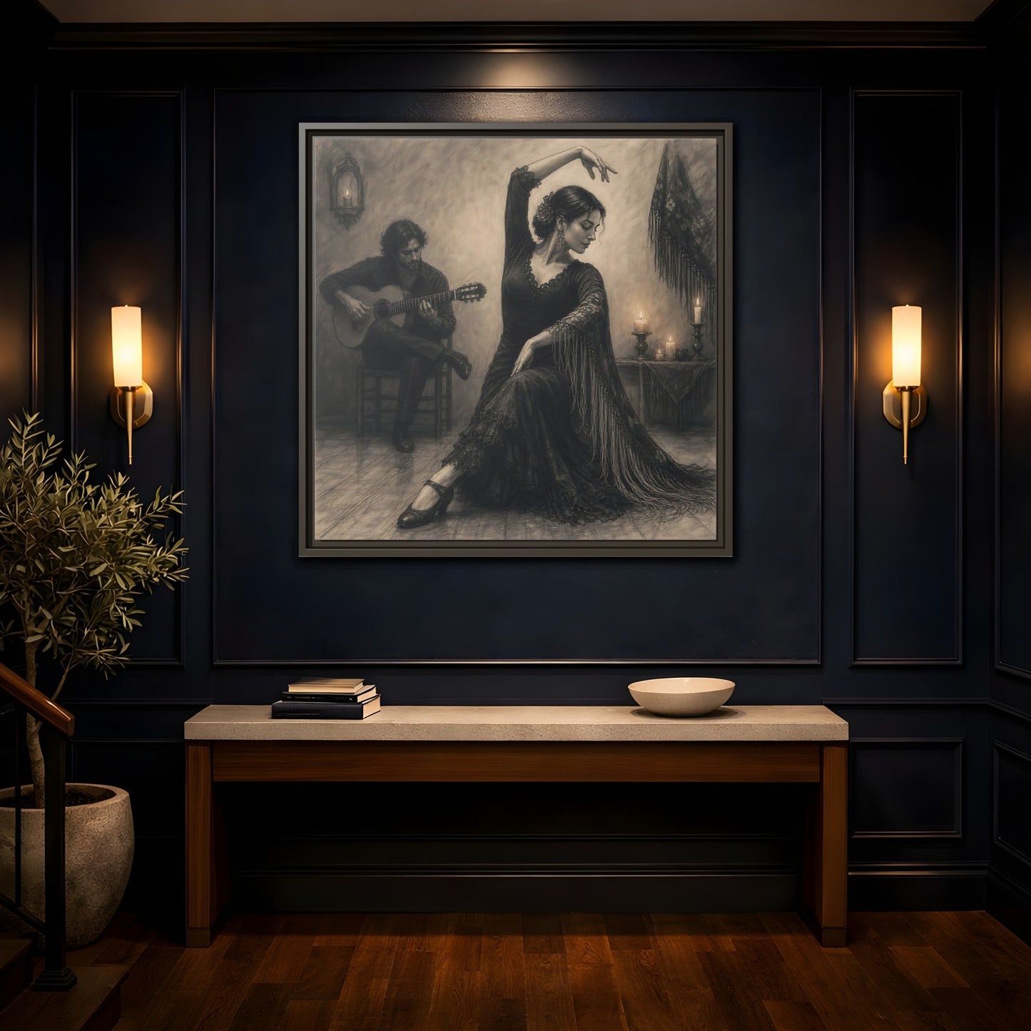Mockup 4. Vintage Flamenco Dancer Flamenco Charcoal shown as framed canvas print