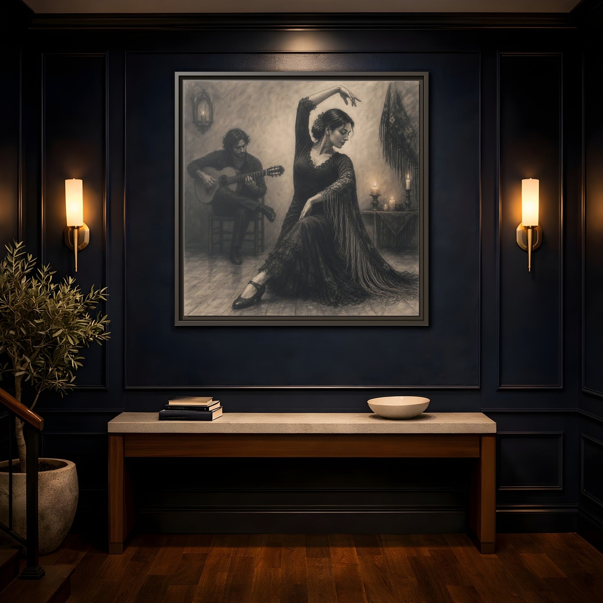 Mockup 4. Vintage Flamenco Dancer Flamenco Charcoal shown as framed canvas print