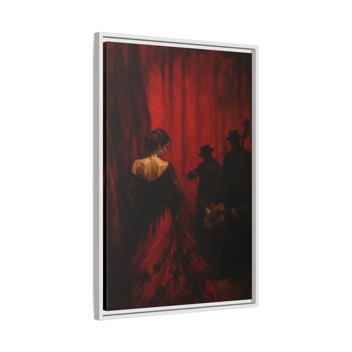 Side Mockup 10. Vintage Flamenco Dancer Red And Black shown as framed canvas print