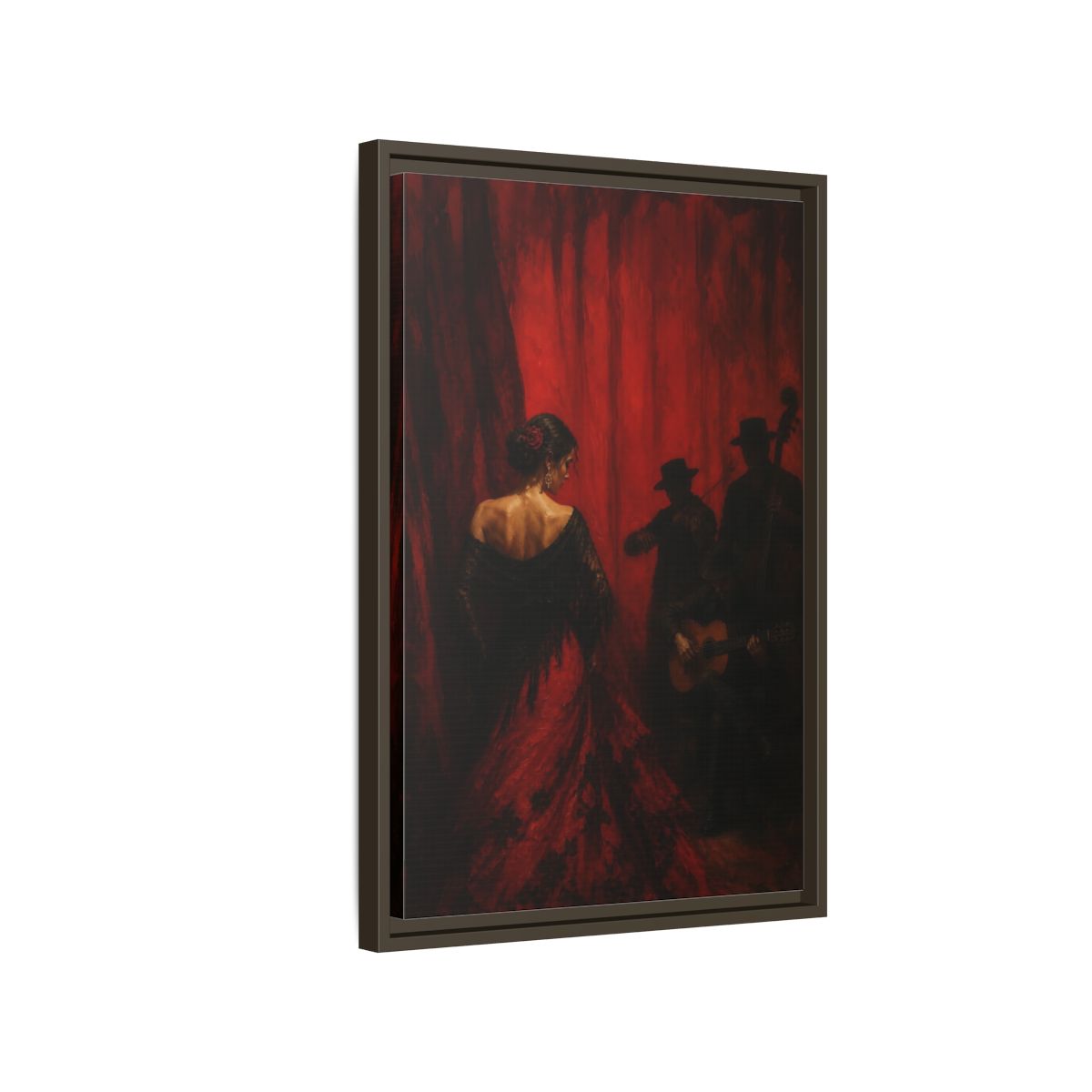 Side Mockup 2. Vintage Flamenco Dancer Red And Black shown as framed canvas print