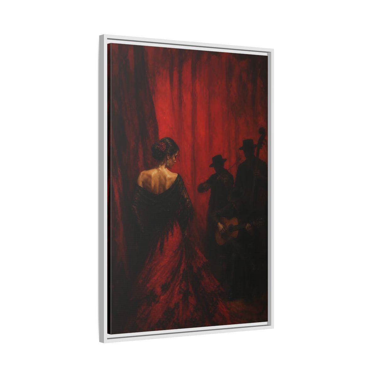 Side Mockup 9. Vintage Flamenco Dancer Red And Black shown as framed canvas print
