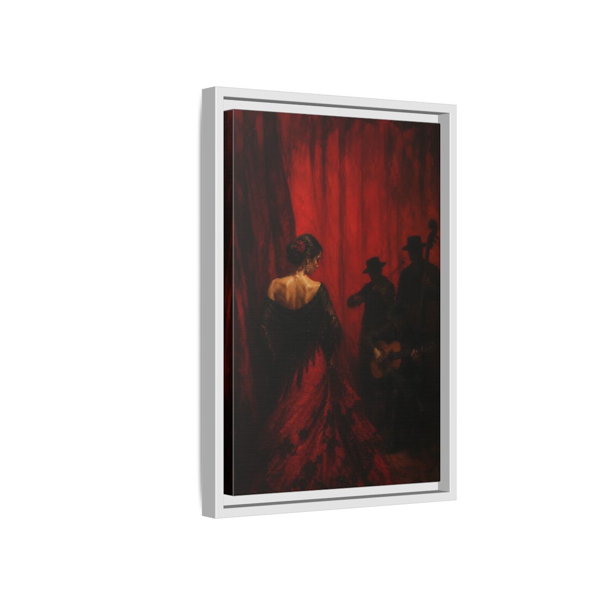 Side Mockup 4. Vintage Flamenco Dancer Red And Black shown as framed canvas print