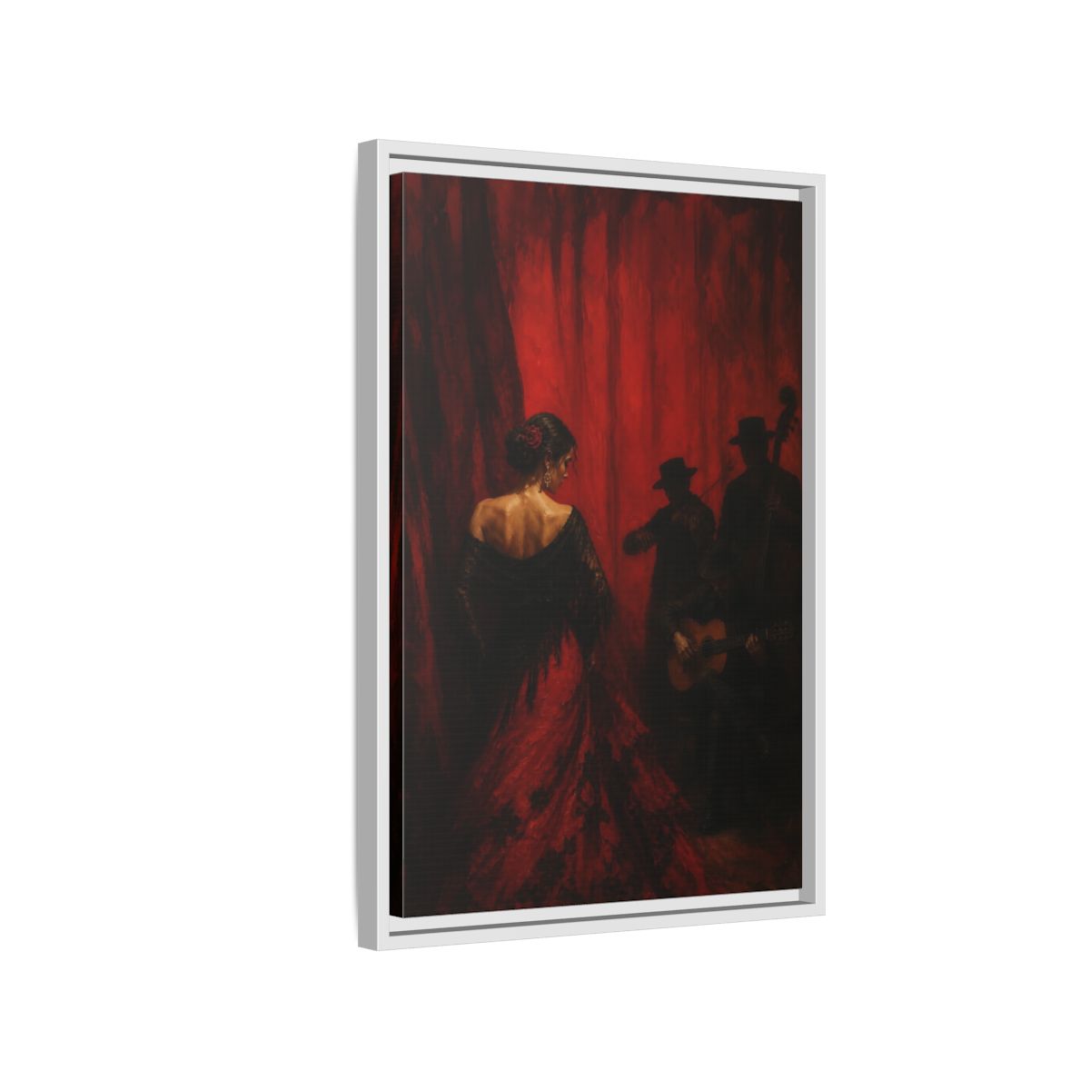 Side Mockup 1. Vintage Flamenco Dancer Red And Black shown as framed canvas print