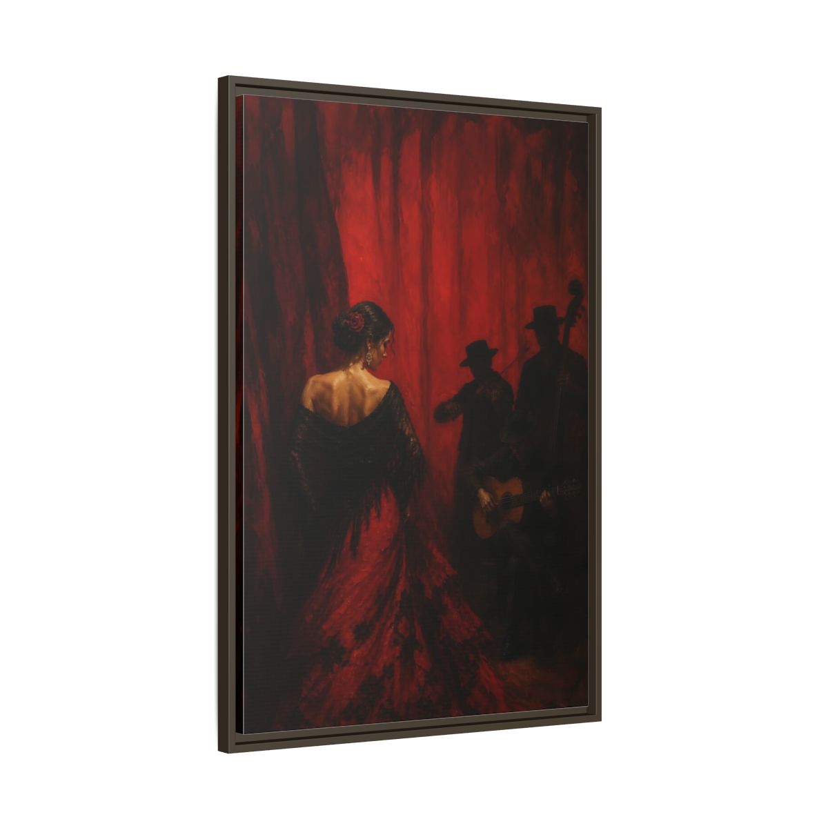 Main Mockup. Vintage Flamenco Dancer Red And Black shown as framed canvas print