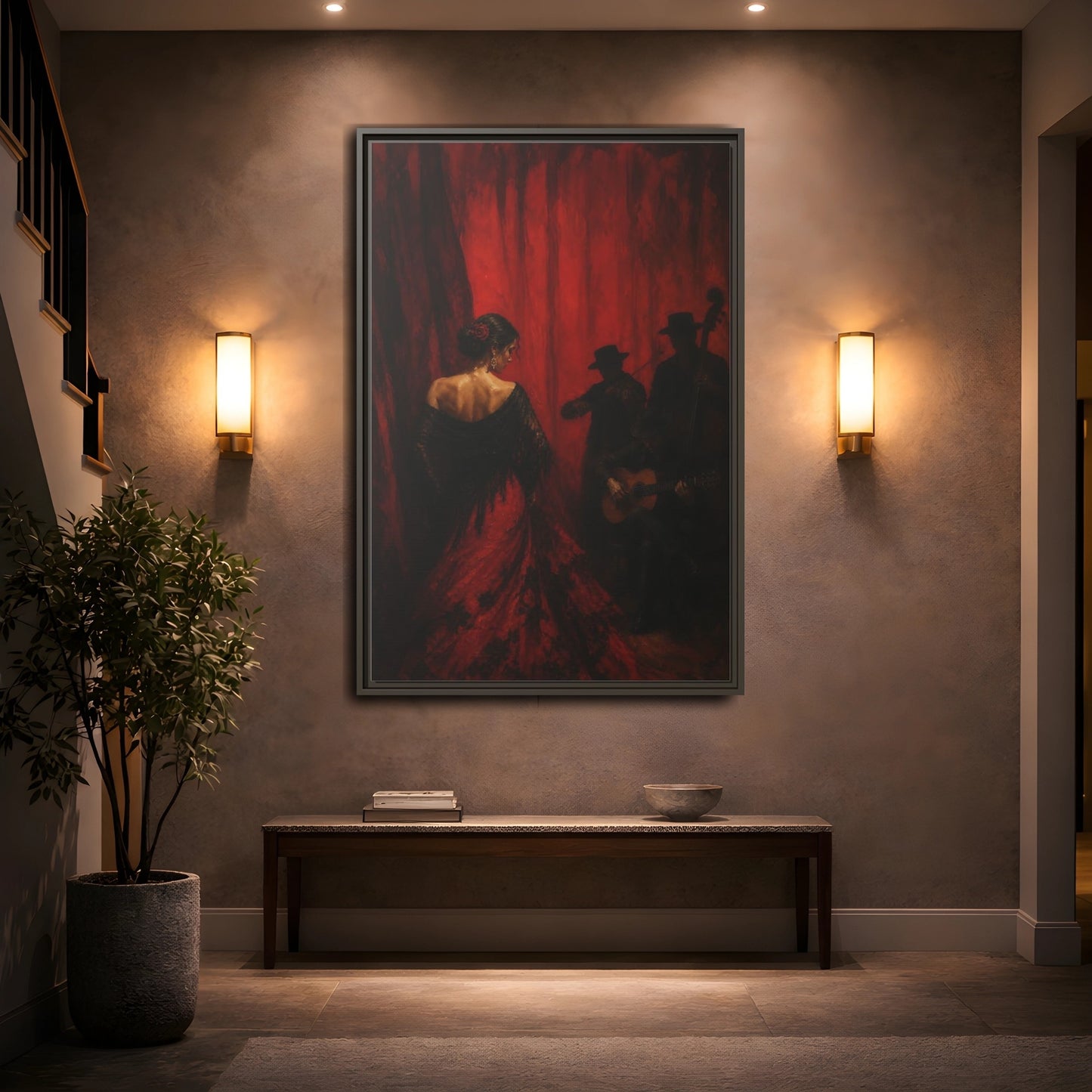 Mockup 2. Vintage Flamenco Dancer Red And Black shown as framed canvas print