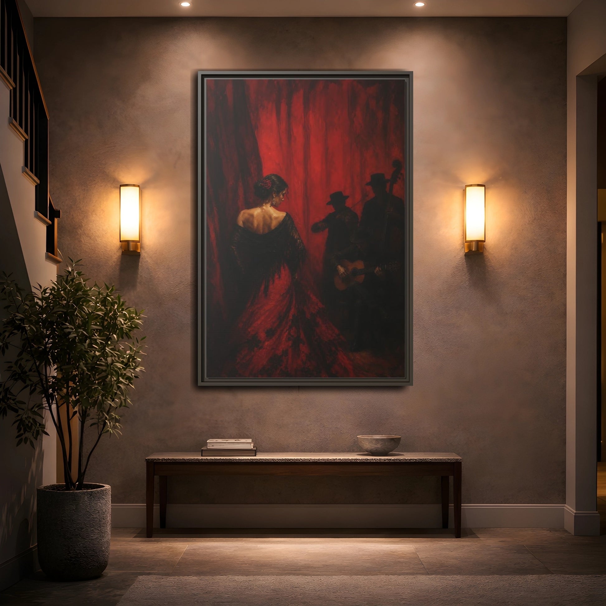 Mockup 2. Vintage Flamenco Dancer Red And Black shown as framed canvas print