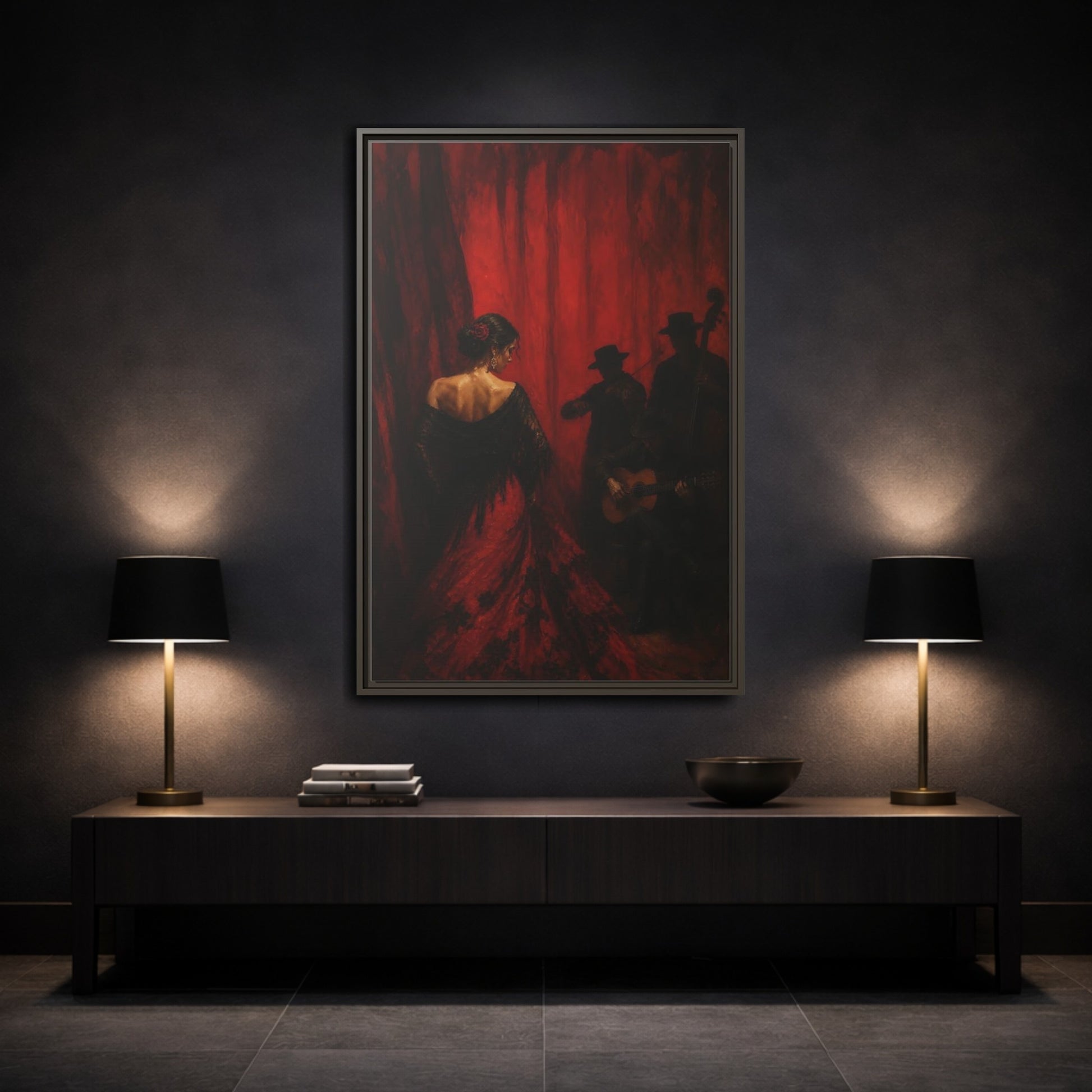 Mockup 3. Vintage Flamenco Dancer Red And Black shown as framed canvas print