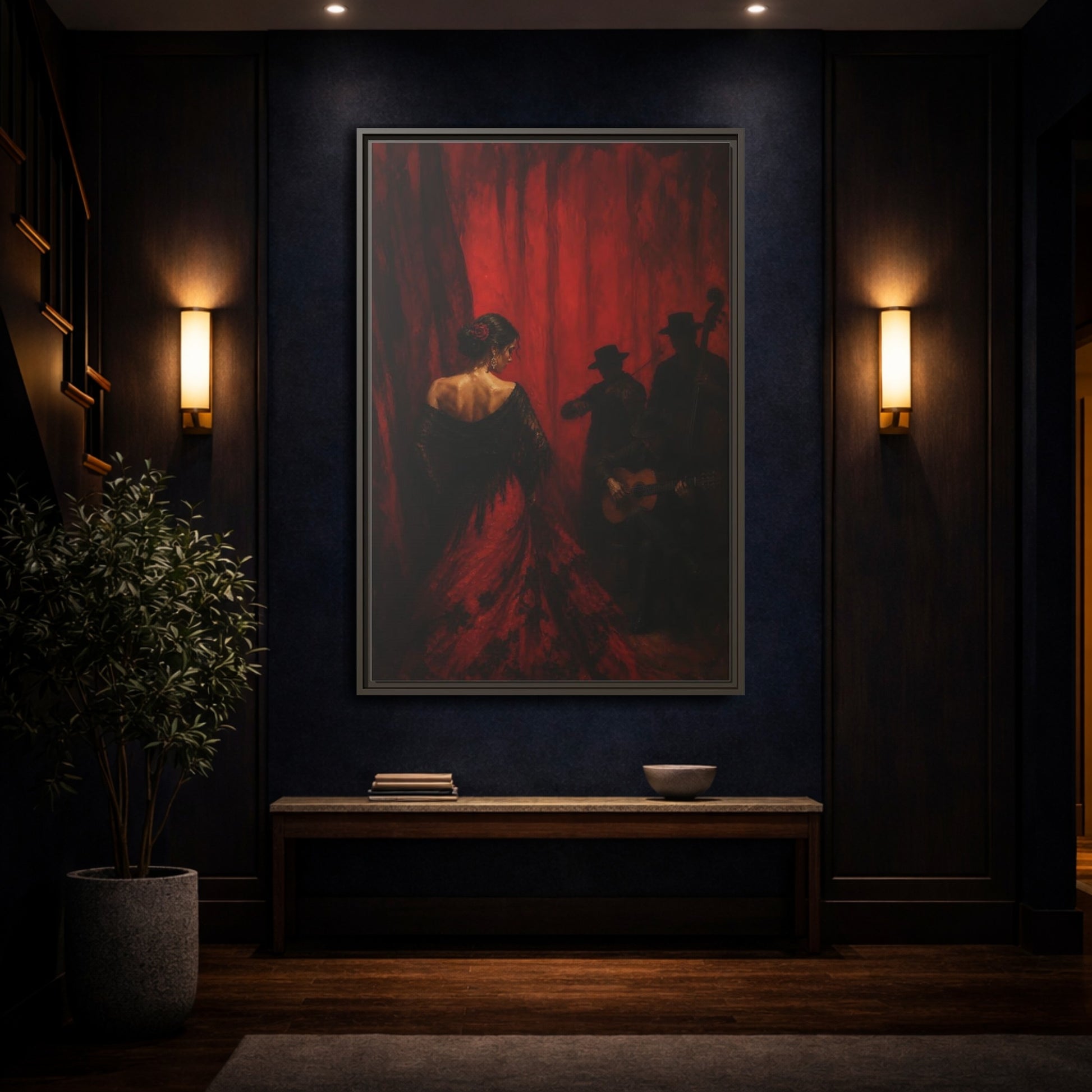 Mockup 4. Vintage Flamenco Dancer Red And Black shown as framed canvas print