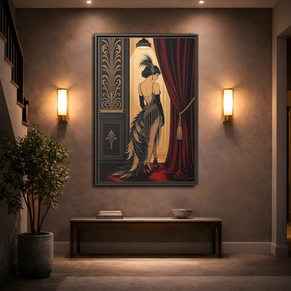 Mockup 2. Vintage Flapper Woman Black And Gold shown as framed canvas print