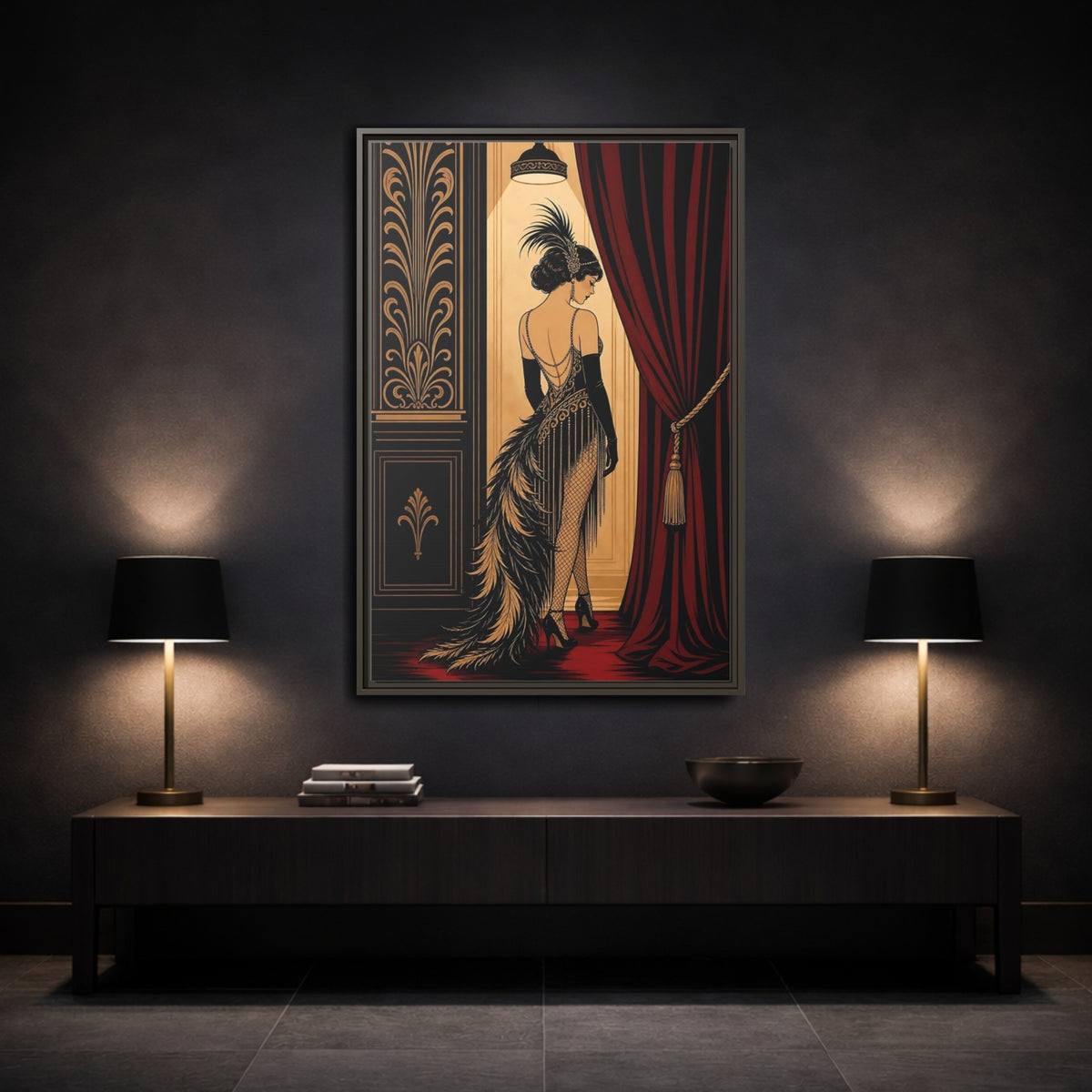 Mockup 3. Vintage Flapper Woman Black And Gold shown as framed canvas print