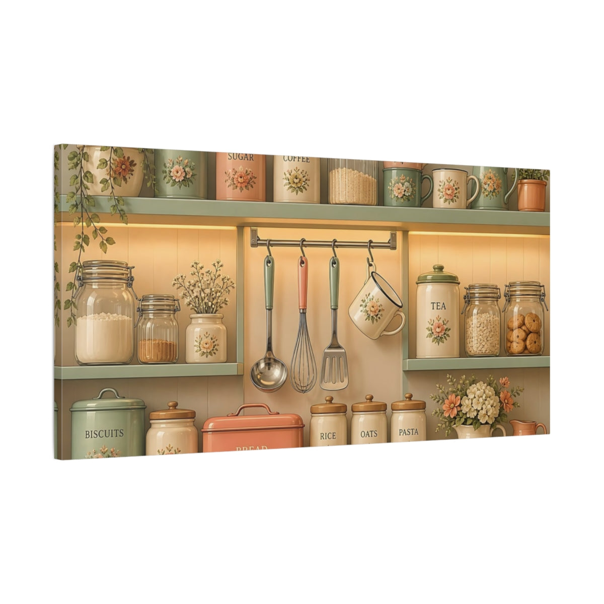 Main Mockup. Vintage Floral Kitchen Shelf shown as canvas print