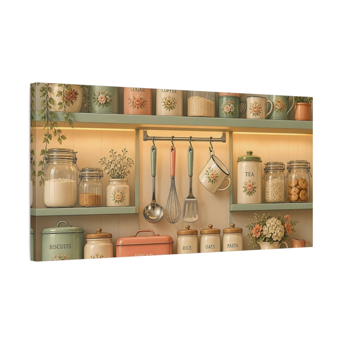 Side Mockup 1. Vintage Floral Kitchen Shelf shown as canvas print