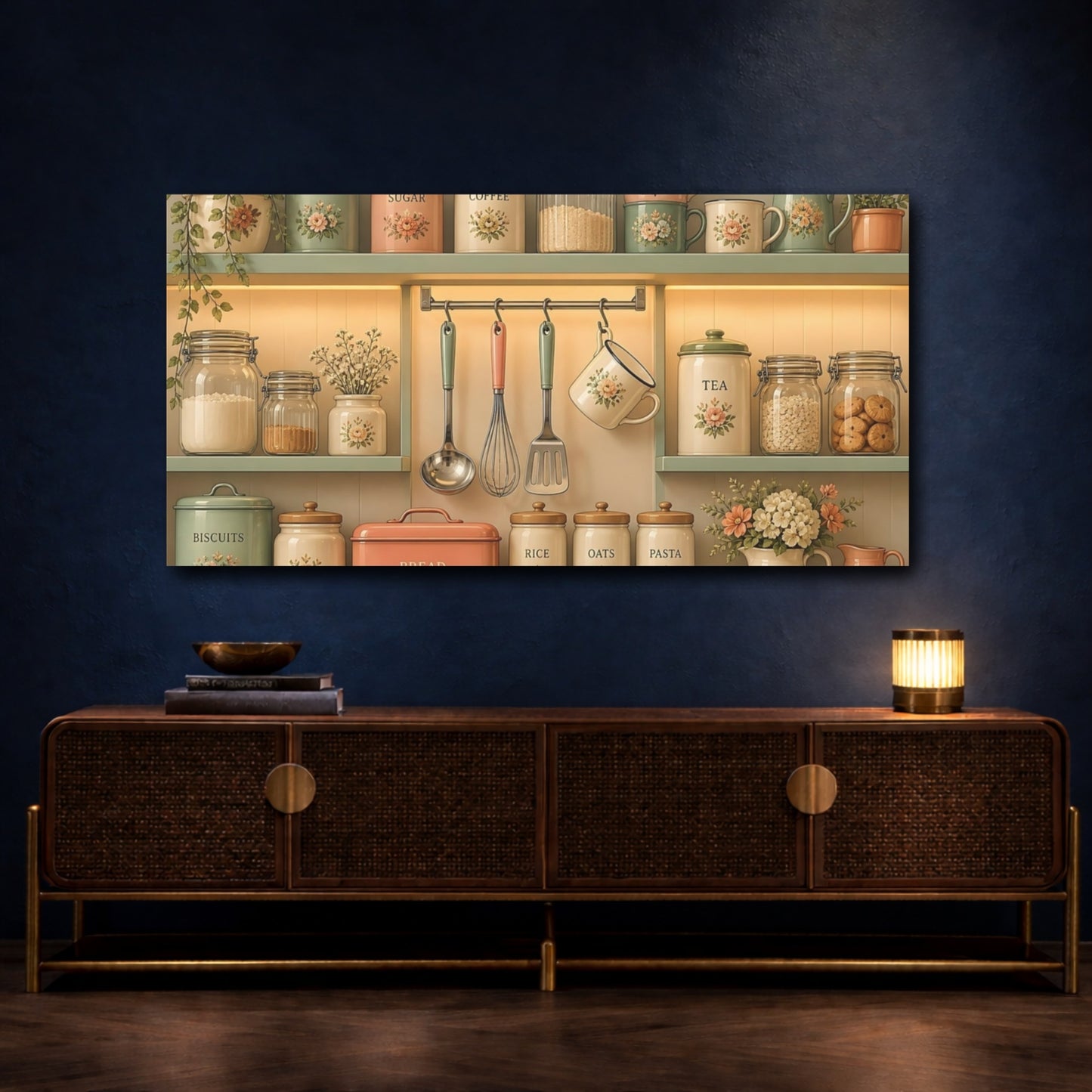 Mockup 4. Vintage Floral Kitchen Shelf shown as canvas print