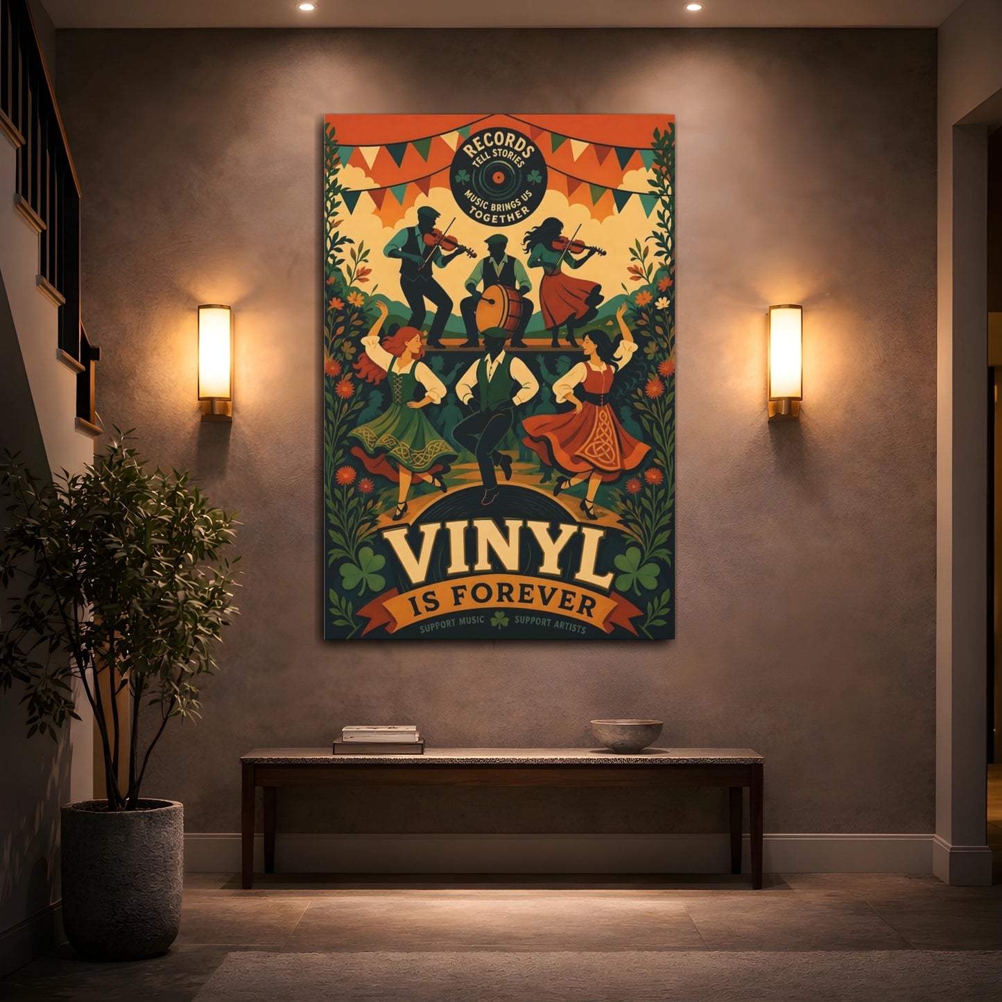Mockup 2. Vintage Folk Music Irish Folk Dance shown as canvas print