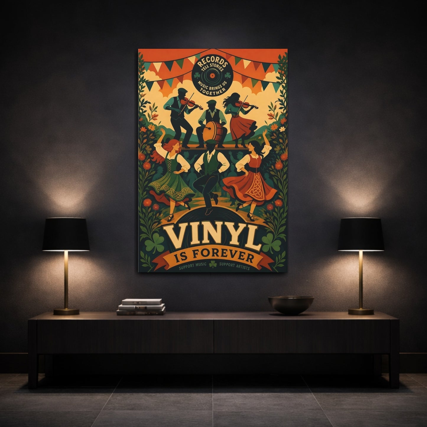 Mockup 3. Vintage Folk Music Irish Folk Dance shown as canvas print