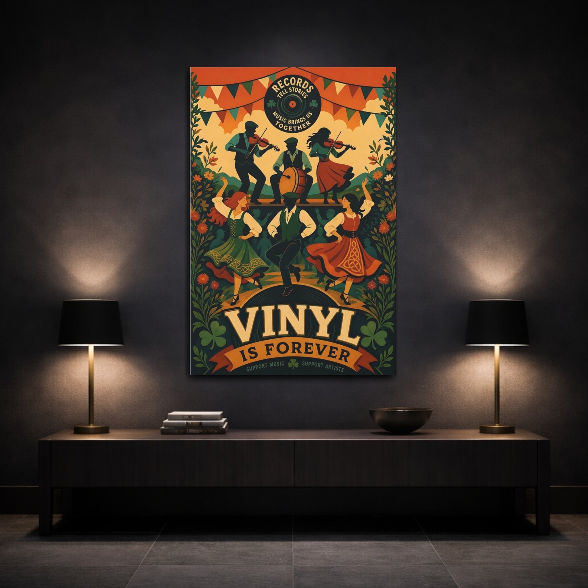 Mockup 3. Vintage Folk Music Irish Folk Dance shown as canvas print