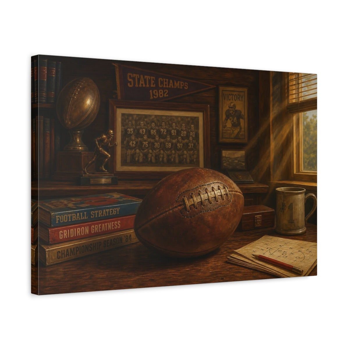 Side Mockup 3. Vintage Football Memorabilia shown as canvas print