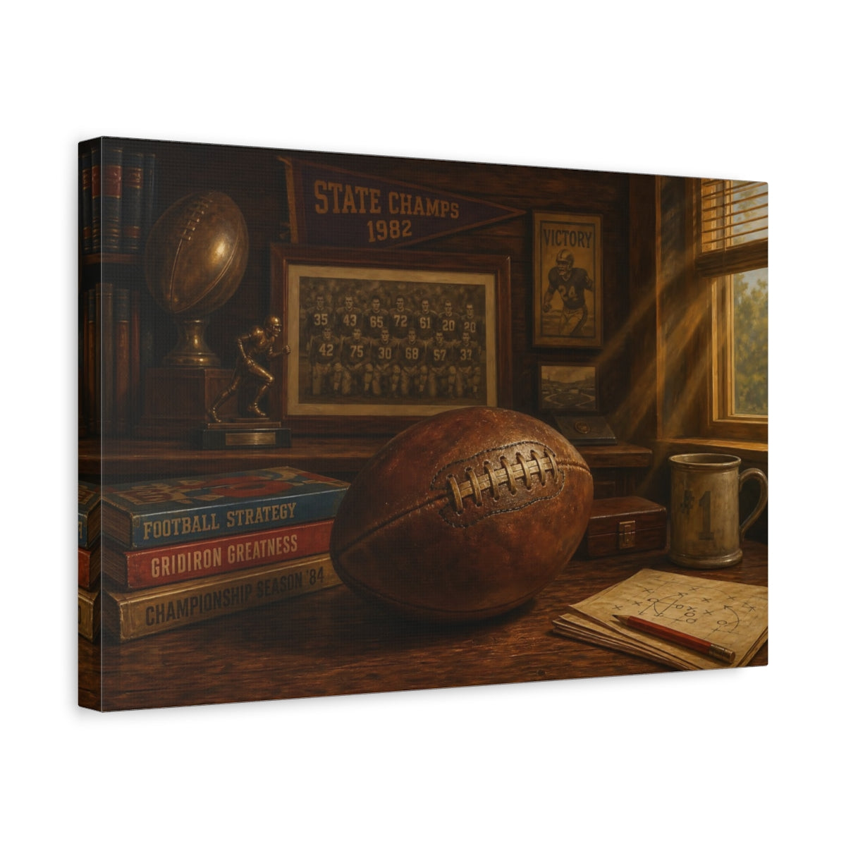 Side Mockup 4. Vintage Football Memorabilia shown as canvas print